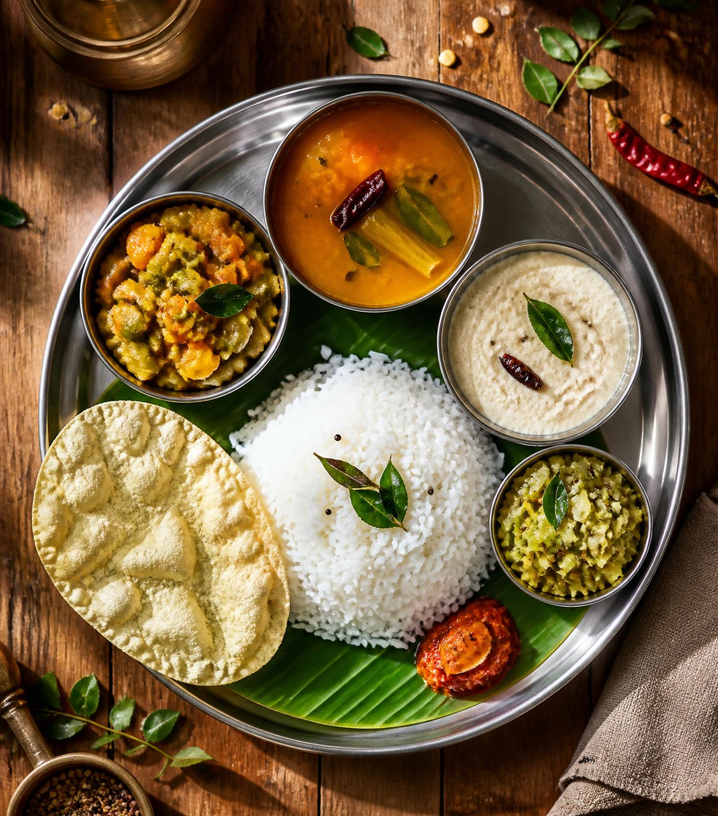South Indian thali with rice, sambar, curries and papadum on a banana leaf